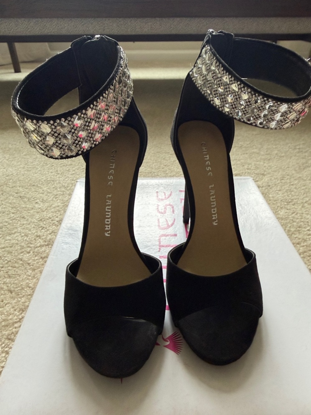 Chinese Laundry Z Baby Cales Micro Suede Black Heels w/ Embellished Ankle Strap.